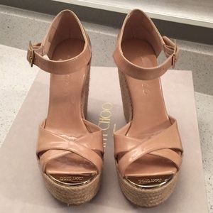 Beige Patent Leather Wedges